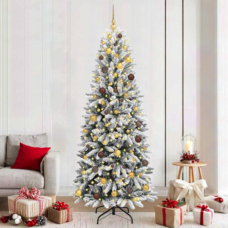vidaXL Artificial Christmas Tree with 150/300 LEDs White - White with LEDs and gold/bronze balls - 7 Foot