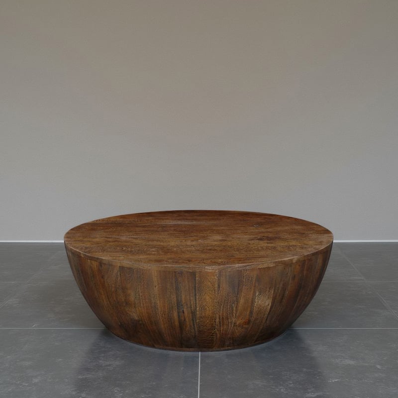 Arthur Coffee Table 35.5" Round Top Drum Shaped Sandblasted Walnut Brown Mango Wood