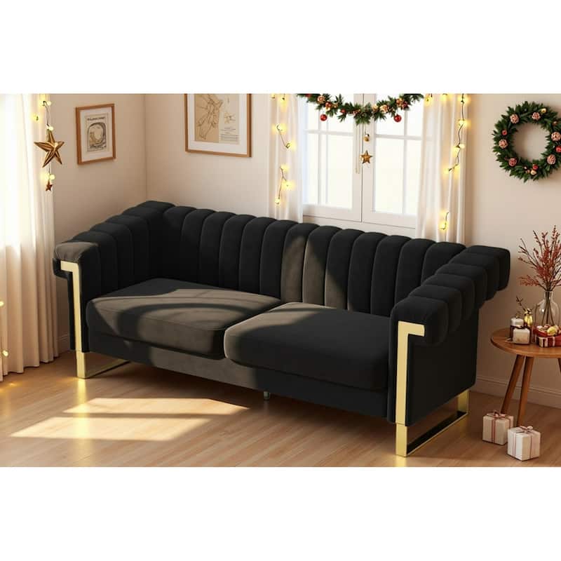 Velvet Sofa Couch for Living Room, Modern Loveseat Couch with Gold Accents, Apartment Chesterfield Sofa