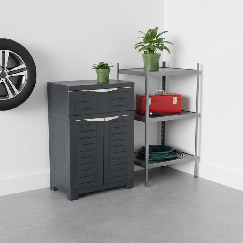 HomeRoots 35" Dark Gray Heavy Duty Plastic Two Door One Drawer Utility Cabinet - 23.50 in. x 34.50 in. x 13.75 in. - Dark Gray