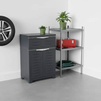 HomeRoots 35" Dark Gray Heavy Duty Plastic Two Door One Drawer Utility Cabinet - 23.50 in. x 34.50 in. x 13.75 in.