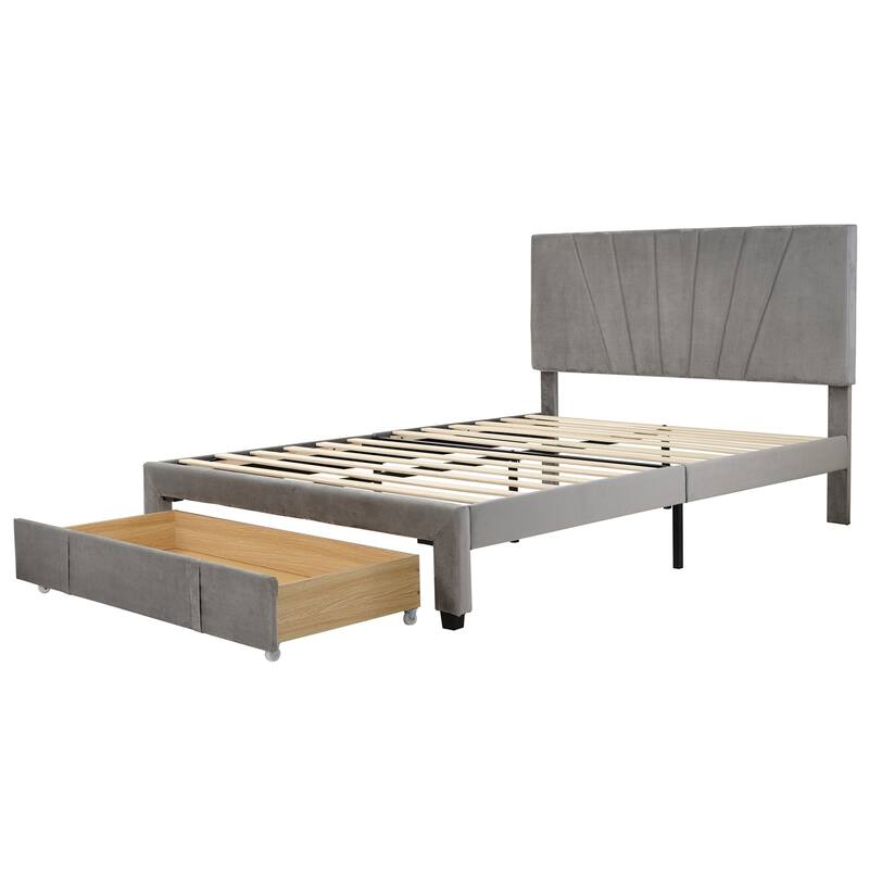 Storage Bed Velvet Upholstered Platform Bed with a Big Drawer