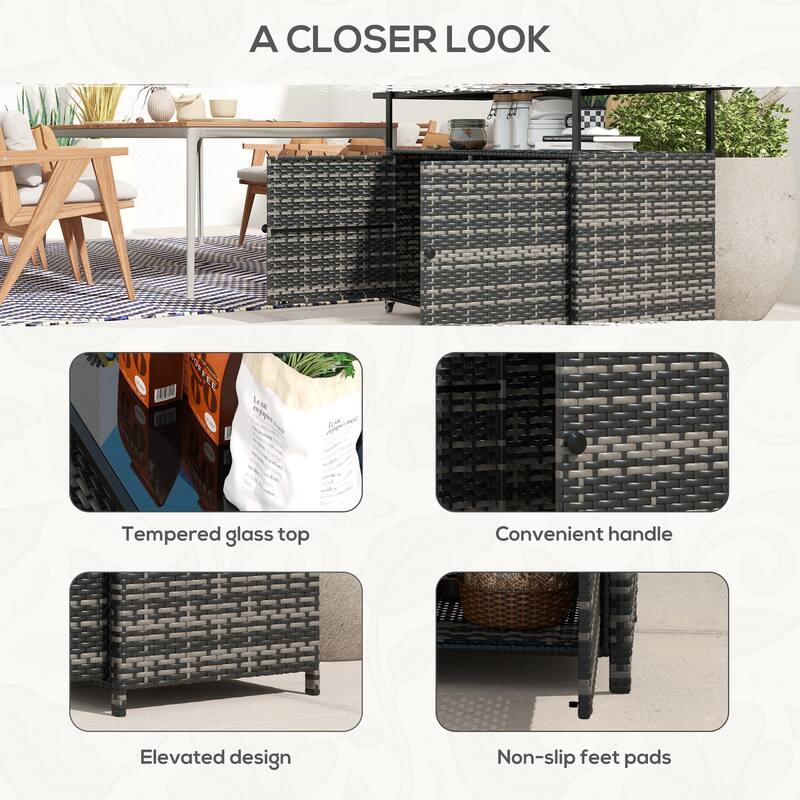 Outdoor Bar Cart PE Rattan Steel Tempered Glass Rolling Beverage Serving Cart with Storage - 51.25" W x 19.75" D x 35.5" H