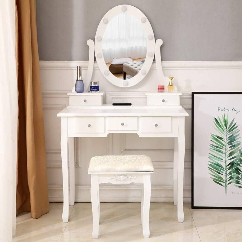 Modern Makeup Vanity Desk with Mirror, Light and Stool