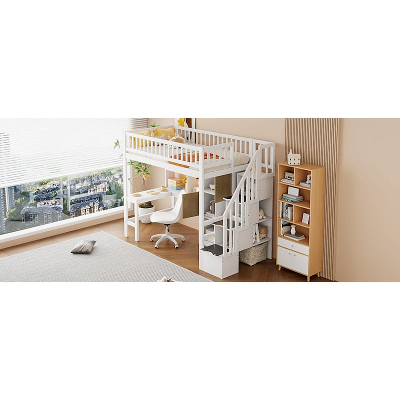 Roomfitters Twin Wood Loft Bed with Built-in Desk, Storage Cabinets and LED Light