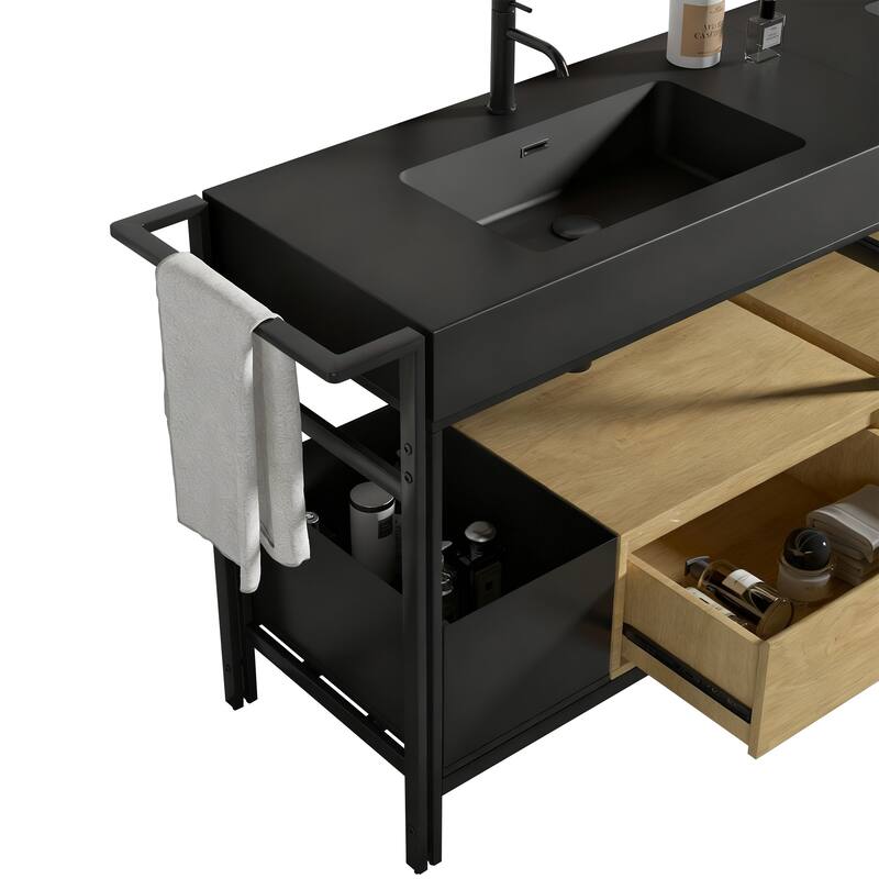 GDFStudio - Forte Industrial Metal Frame Bathroom Vanity with Artificial Stone Basin, Towel Rack & Open Storage