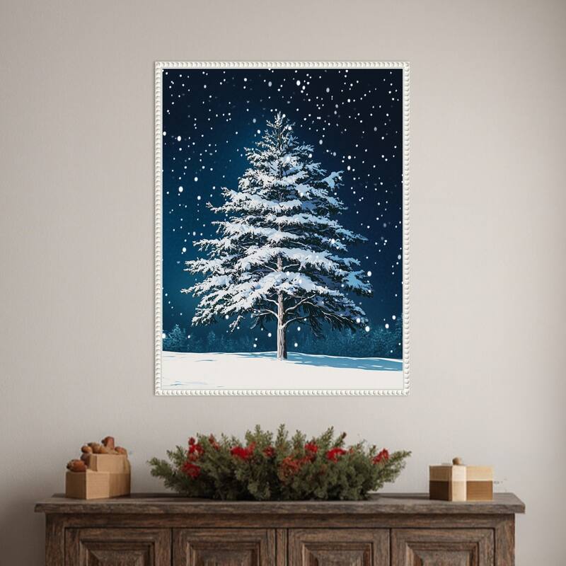 Winter Snowy Pine Tree by Pictufy Studio Framed Canvas Wall Art Print - Sylvie Beaded White