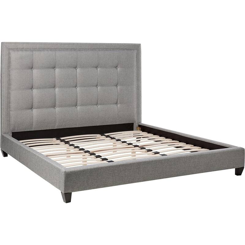 King Size Platform Bed - Grey Linen Upholstered, Button Tufted Headboard with Silver Trim