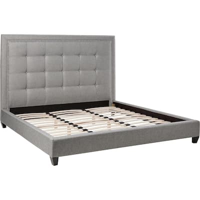 King Size Platform Bed - Grey Linen Upholstered, Button Tufted Headboard with Silver Trim
