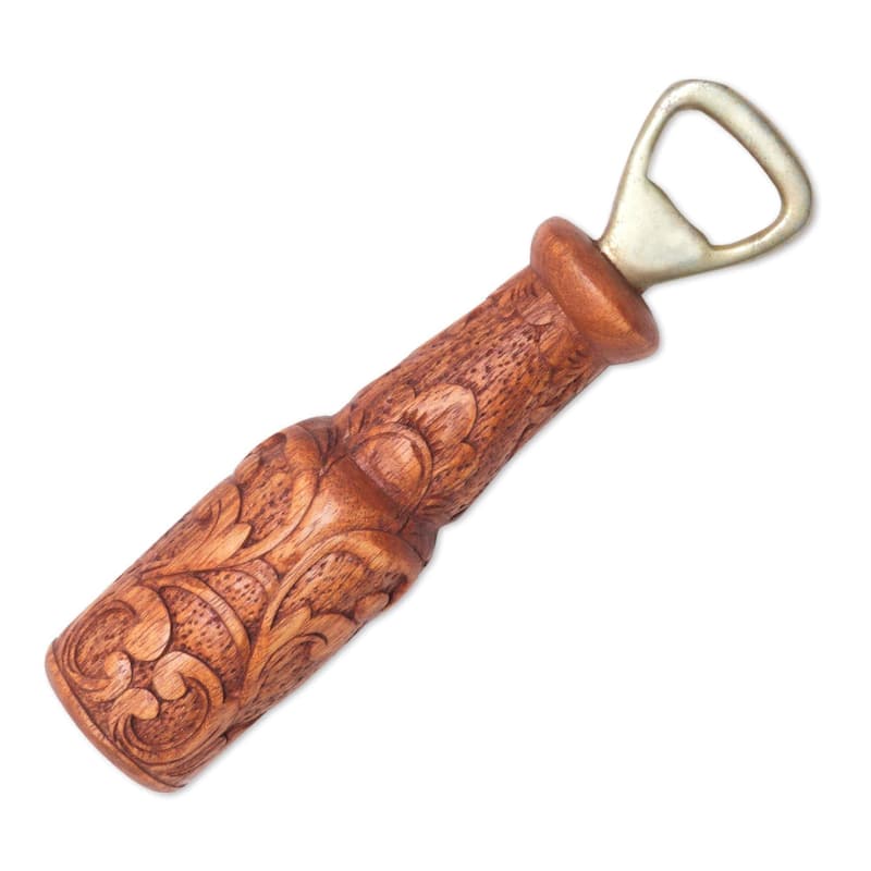 NOVICA Artisan Handblown Suar Wood Bottle Opener Floral From Bali Metallic Indonesia Barware Accessories 'Floral Refreshment'