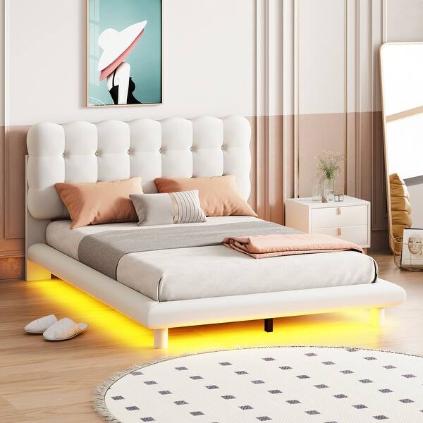 slide 2 of 12, Beige Full Size Velvet Platform Bed with LED Frame, Thick & Soft Fabric Beige