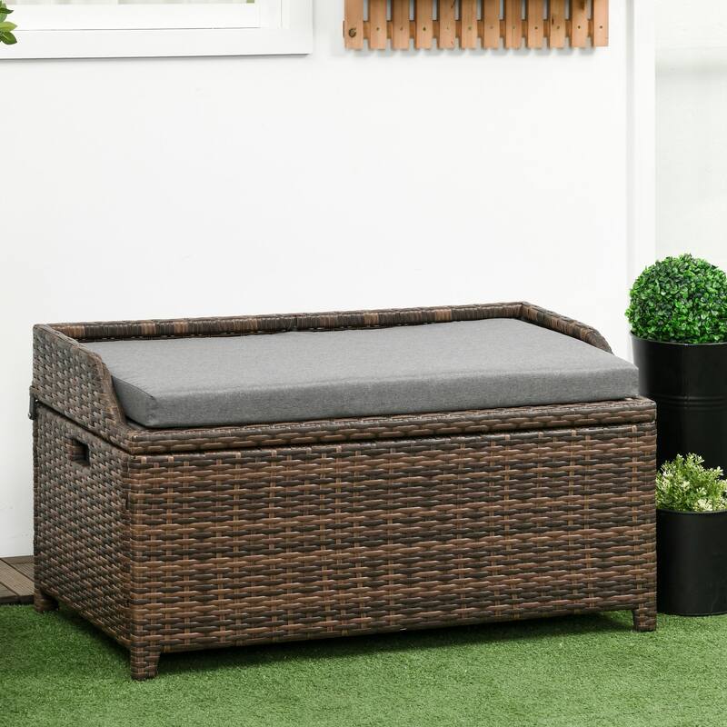 Outdoor Wicker Storage Bench Deck Box Pool Container Storage Box with Interior Waterproof Bag 2 Side Handles and Cushion