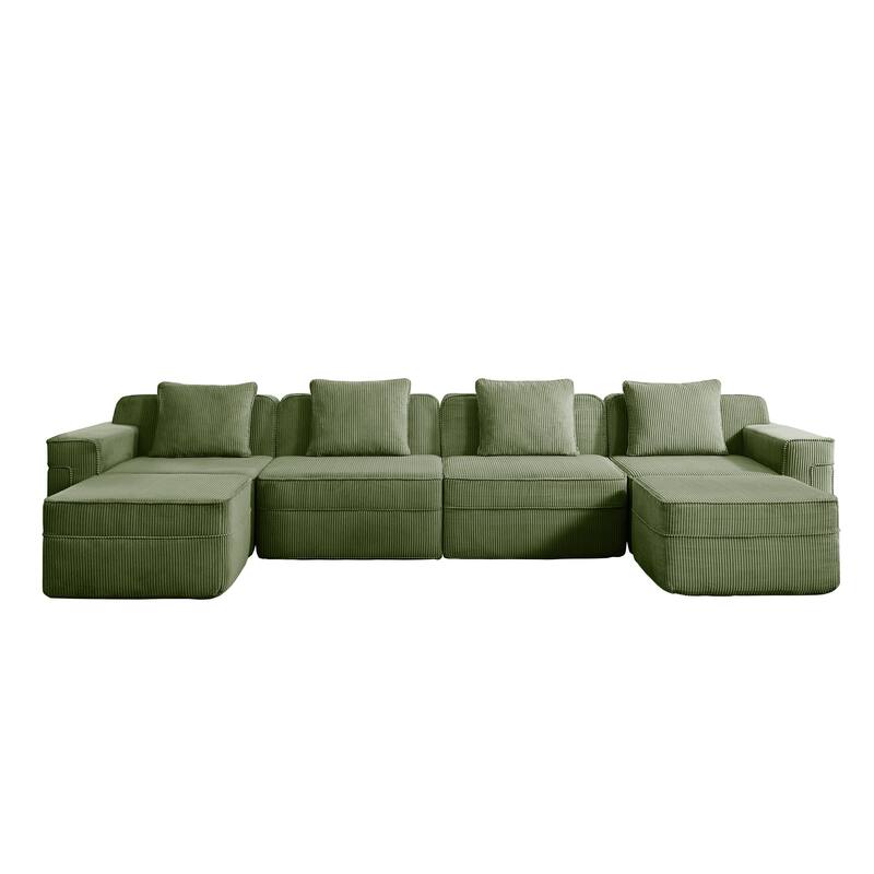 GDFStudio - Corduroy Modular 4-Seater 153.5" U-Shaped Boneless Cloud Sofa with 2 Ottomans