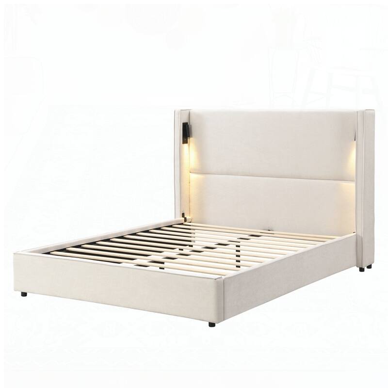 Upholstered Bed Frame with High Wingback Headboard,Reading Lamp and USB port