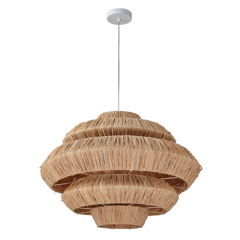 3 Light Pendant in White Finish with Raffia Shade - 27.55"W x 19.68"H x 27.55"D - White + Natural Brown - 27.55"W x 19.68"H x 27.55"D