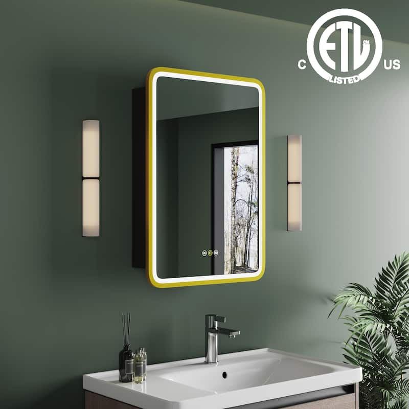 Milo LED Iron Medicine Cabinet with Mirror, Dimmable, Anti-fog, Adjustable Glass Shelves, Recessed or Surface Mount - 16"W x 28"H Left Hinge Gold