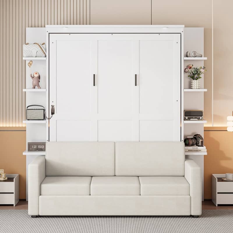 Queen Size Murphy Bed with Sofa, Folding Bed Frame Cabinet Wall Bed with Shelves and Top Lights
