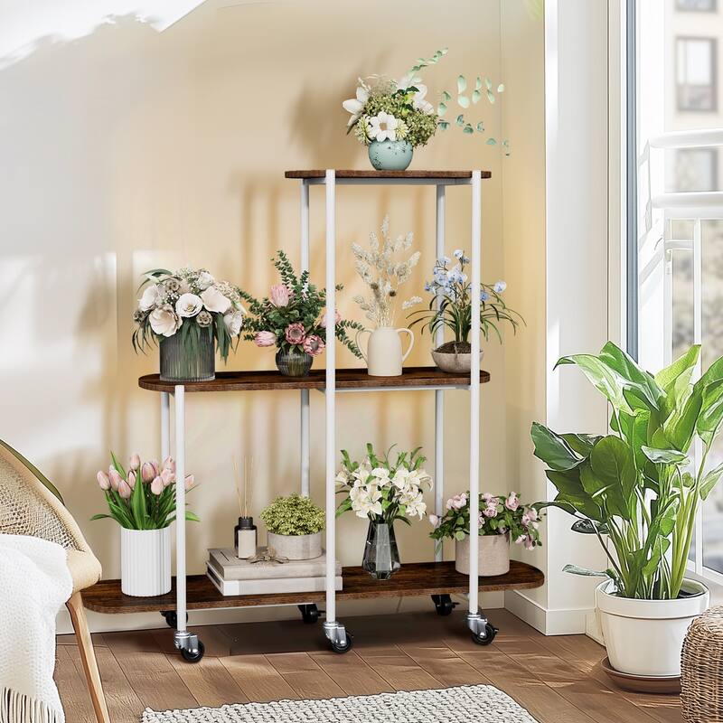 3 Tiers Plant Stand with Wheels Open Ladder Bonsai Holer - 44" W x 12" D x 42.8" H - 44" W x 12" D x 42.8" H