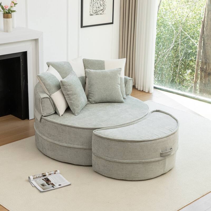 47.63" Round Lazy Fully Compression Sofa, Chenille, with Ottoman
