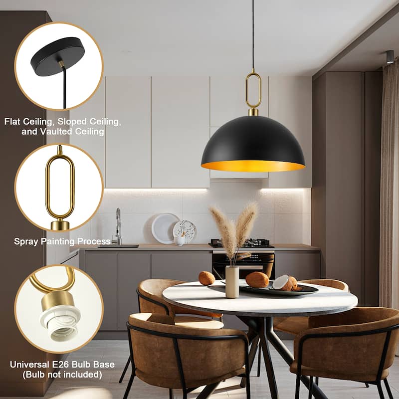 1-Light Industrial Metal Dome Pendant with Golden Ring Accent