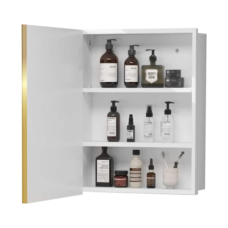 16x28 inches Golden Metal Framed White Cabinet Wall mount or Recessed Bathroom Medicine Cabinet with Mirror