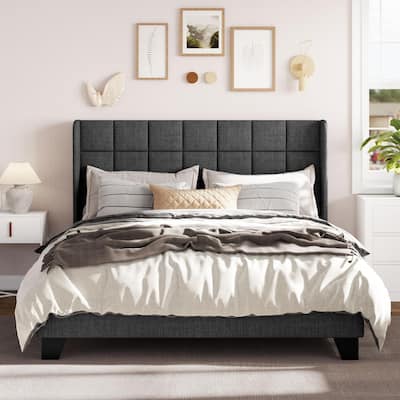 Queen Platform Bed Frame with Wingback, Fabric Upholstered Square Stitched Headboard and Wooden Slats, Mattress Foundation