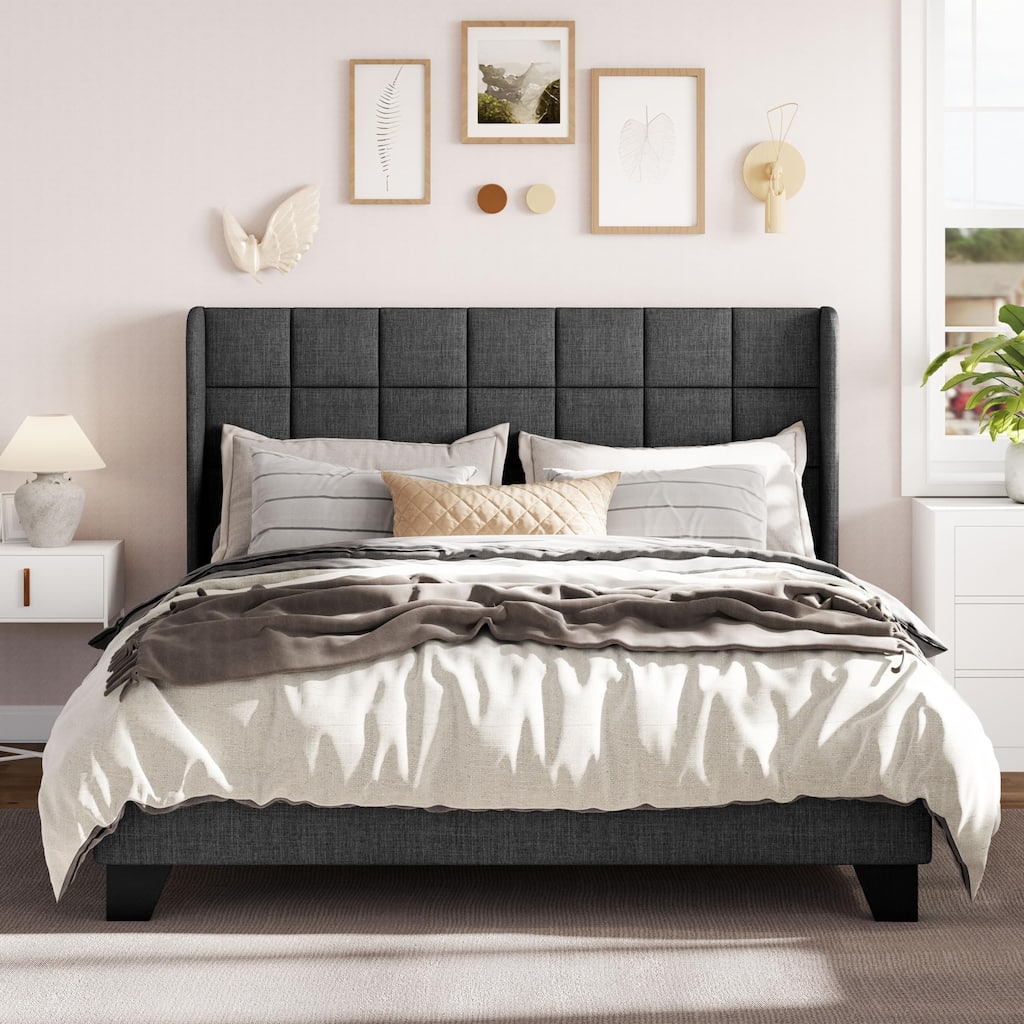 Queen Platform Bed Frame with Wingback, Fabric Upholstered Square Stitched Headboard and Wooden Slats, Mattress Foundation