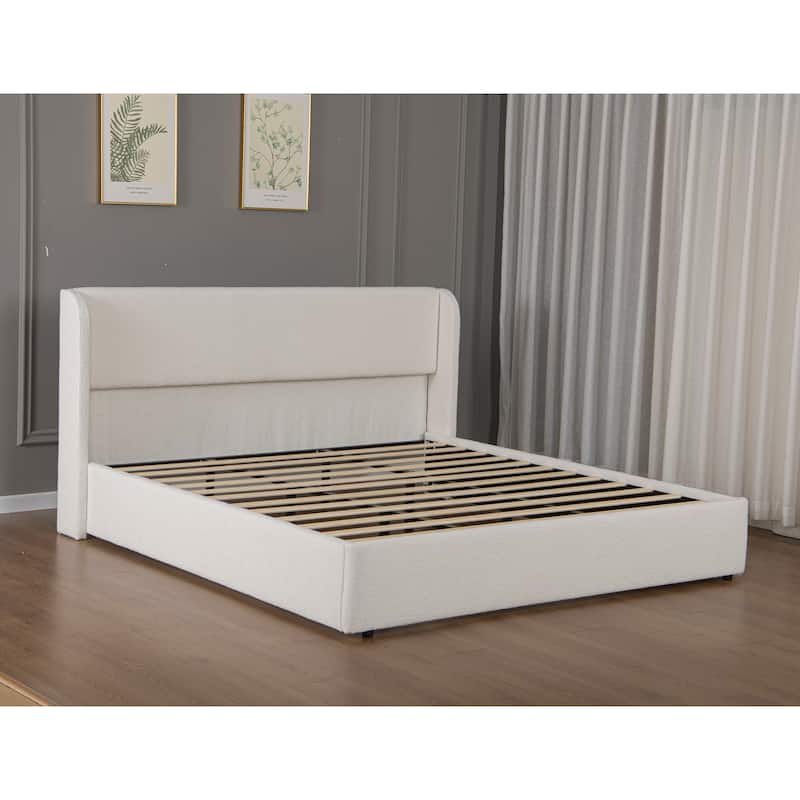 King/Queen Size Boucle Upholstered Cloud Bed Frame with Headboard, Solid Wood Legs - No Box Spring Needed