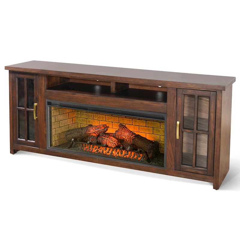 Gery TV Media Console w Log Fireplace, 76 Inch, 2 Cabinets, Dark Brown