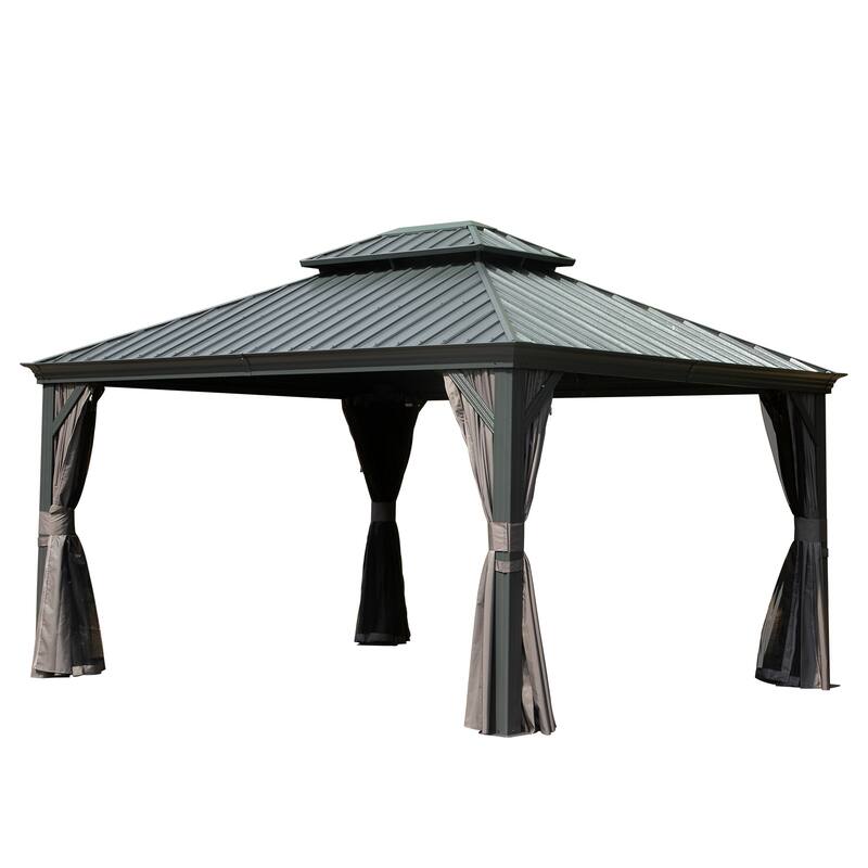 10' X 12' Hardtop Metal Gazebo with Double Roof, Aluminum Frame, Curtains and Netting for Patio, Deck, Garden, Grey