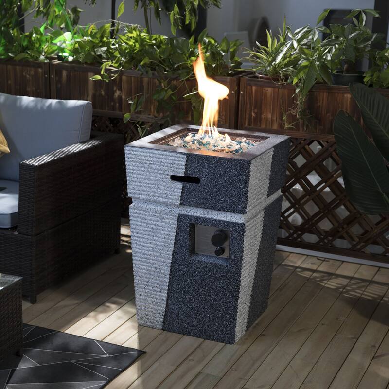 GDFStudio - Napa 20" Concrete Propane Fire Pit Column with Glass Rocks and Rain Cover - Light Grey-Blue