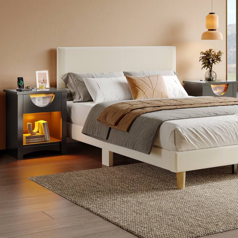 Bestier Nightstands Set of 2 with Charging Station, Modern LED End Table Bedside Table with Drawer for Bedroom & Living Room
