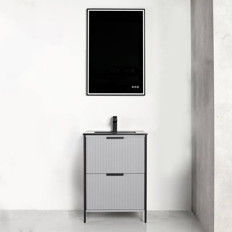 Blossom 24 Inch All Wood Freestanding Bathroom Vanity with Sink - 24" Black Ceramic Sink - Metal Grey