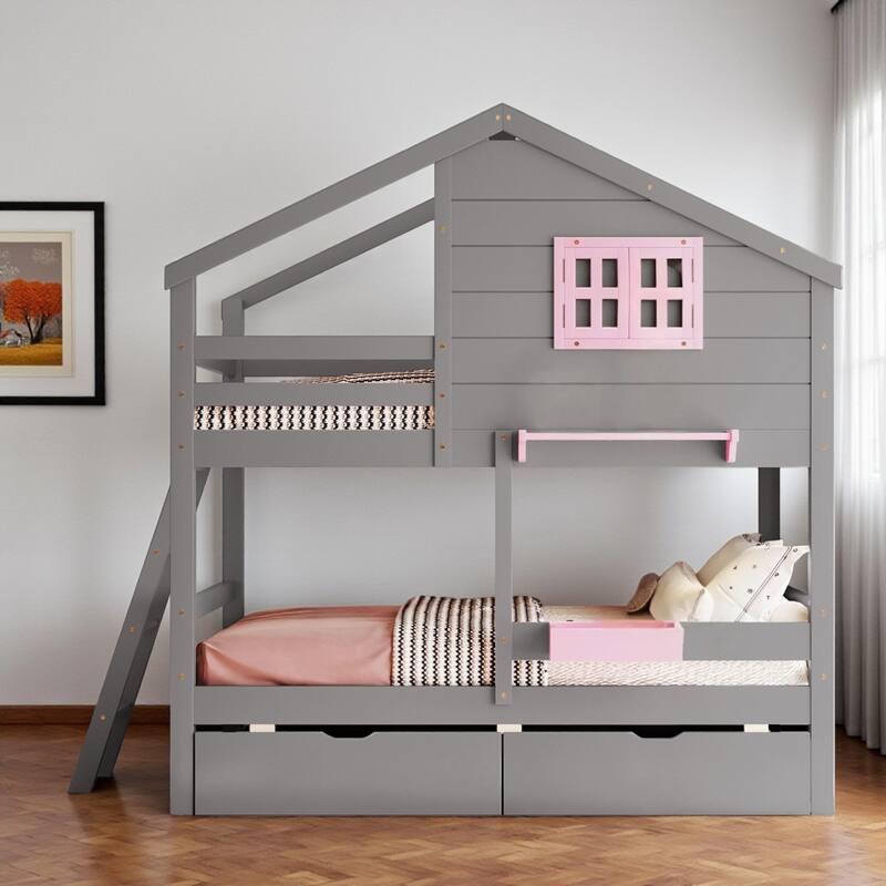HomeRoots Gray Twin Over Twin Solid Wood Bunk Bed With Drawers And Storage - Gray - 79.50 in. x 86.90 in.  x 41.80 in.