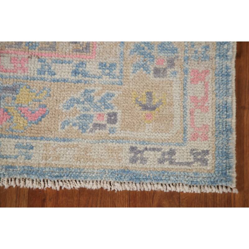Handmade Vegetable Dye Oushak Turkish Runner Rug Blue Wool Carpet - 3'1"x 11'3"