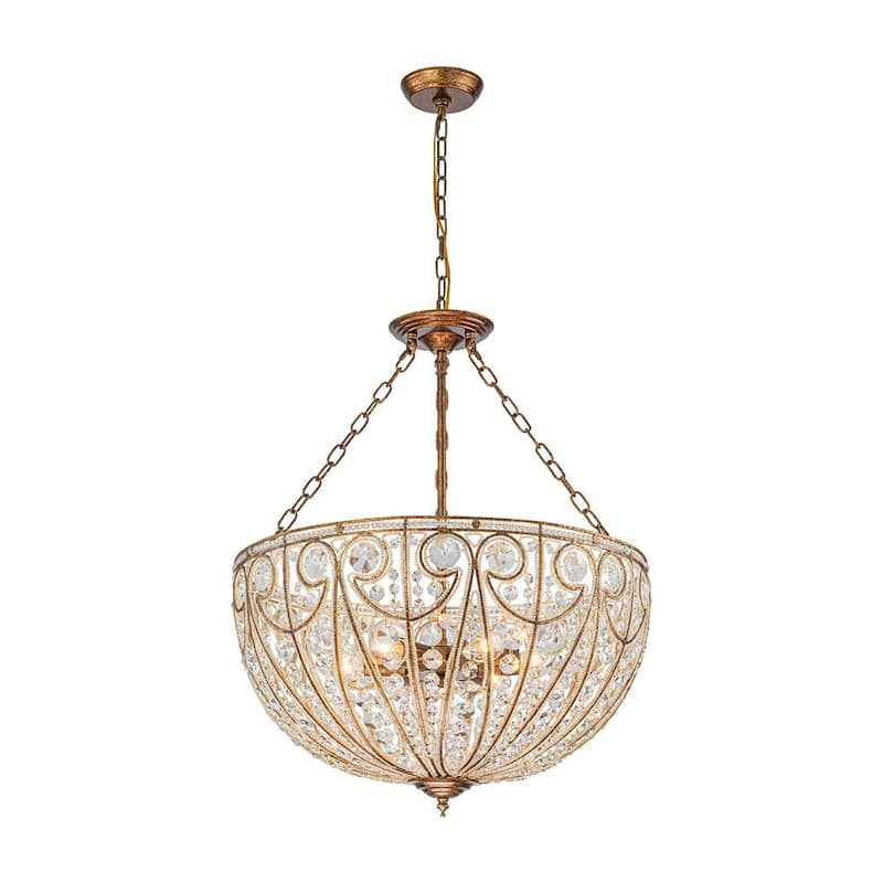 Spanish Antique Gold Bronze Crystal Accented Basket Cage Chandelier