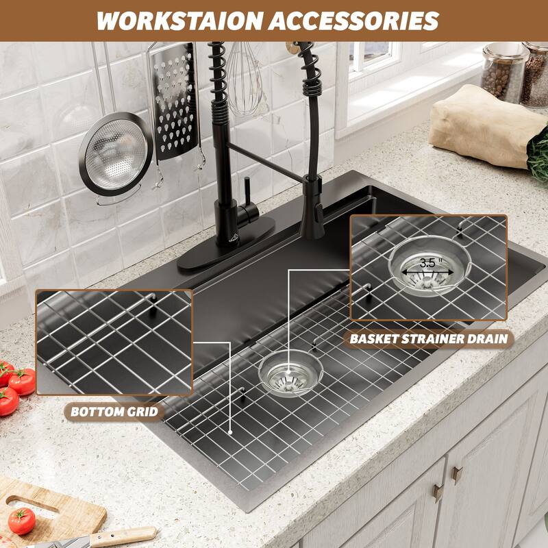 Drop-In Nano PVD Gunmetal Black Stainless Steel Workstation Kitchen Sink with Two-Function Kitchen Faucet and Accessories