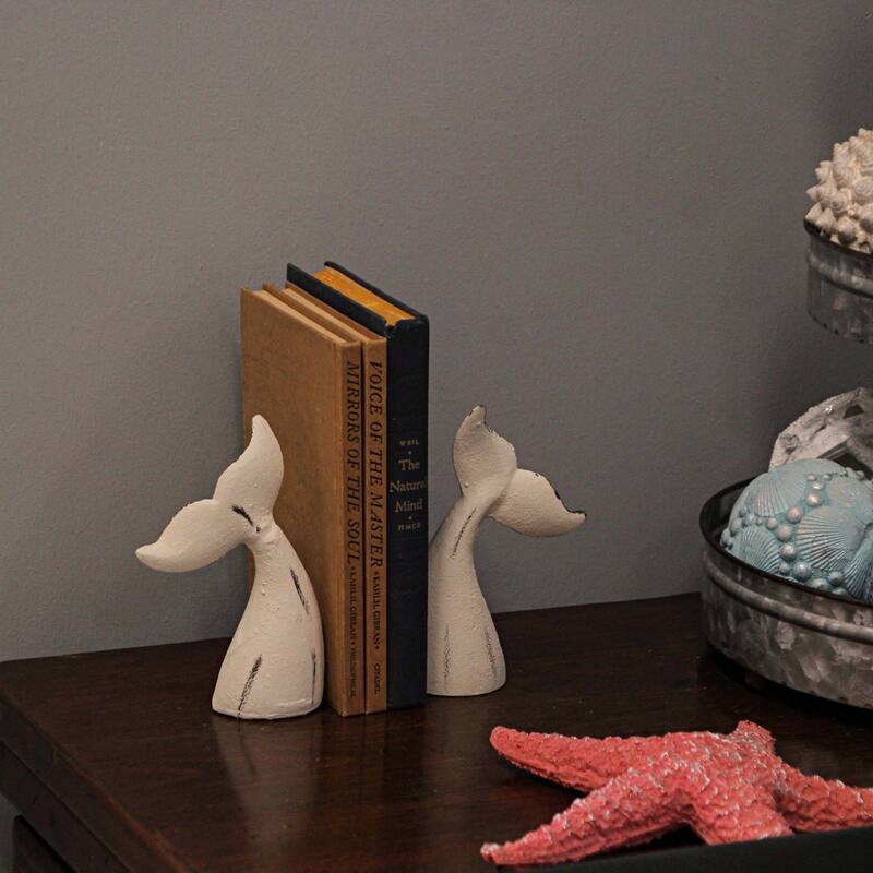 Zeckos White Cast Iron Whale Tail Bookends (Set Of 2 ) - 6.5 X 4 X 1.5 inches