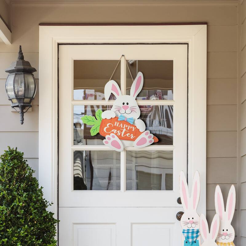 Glitzhome Easter Wooden Cute Bunny Eggs/Fence Door Hanger Wall Decor Spring Gift