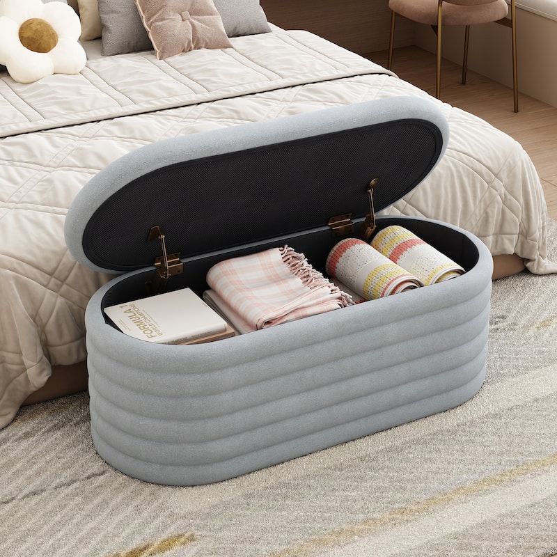Light Gray Ottoman Bench Upholstered Bench Fabric Storage Bench Simple End of Bed Stool with Safety Hinge