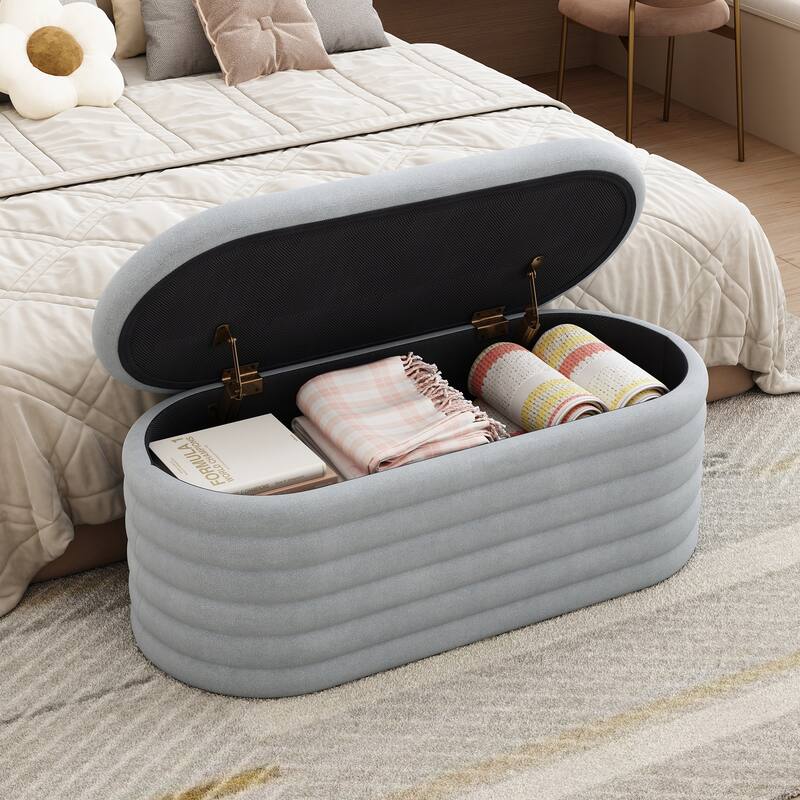 Storage Chenille Ottoman Bench Upholstered Fabric Storage Bench End of Bed Stool with Safety Hinge for Bedroom, Living Room