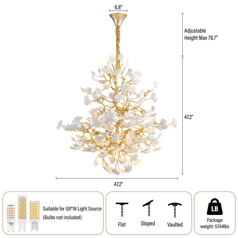 Modern Ginkgo Leaf Ceramic Chandelier, Moon Ring Round Pendant Light, D550-D1200, Gold Finish