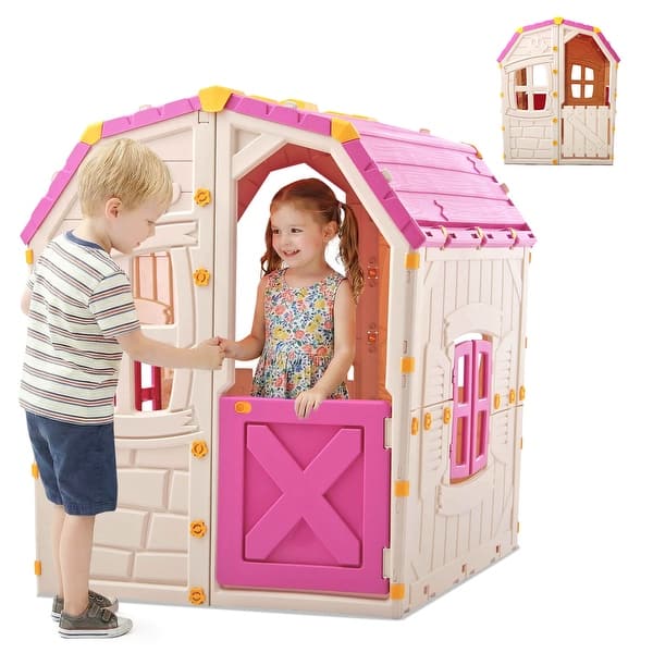 slide 2 of 20, Costway Outdoor Kids Playhouse with Openable Door Windows for Home - See Details Pink