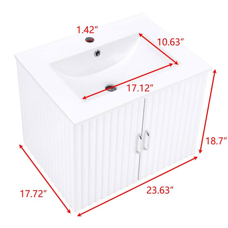 24" Wall-Mounted Floating Bathroom Vanity with Porcelain Sink, Soft-Close Doors, and Waterproof MDF Board