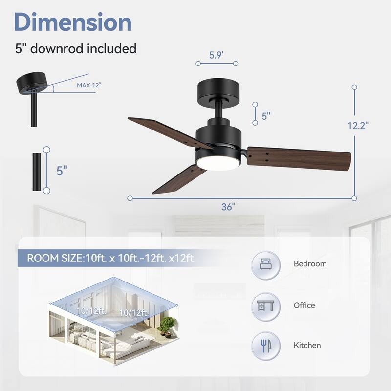 36/42/52-Inch Reversible 3/5-Blade Integrated LED Ceiling Fan with Light Remote