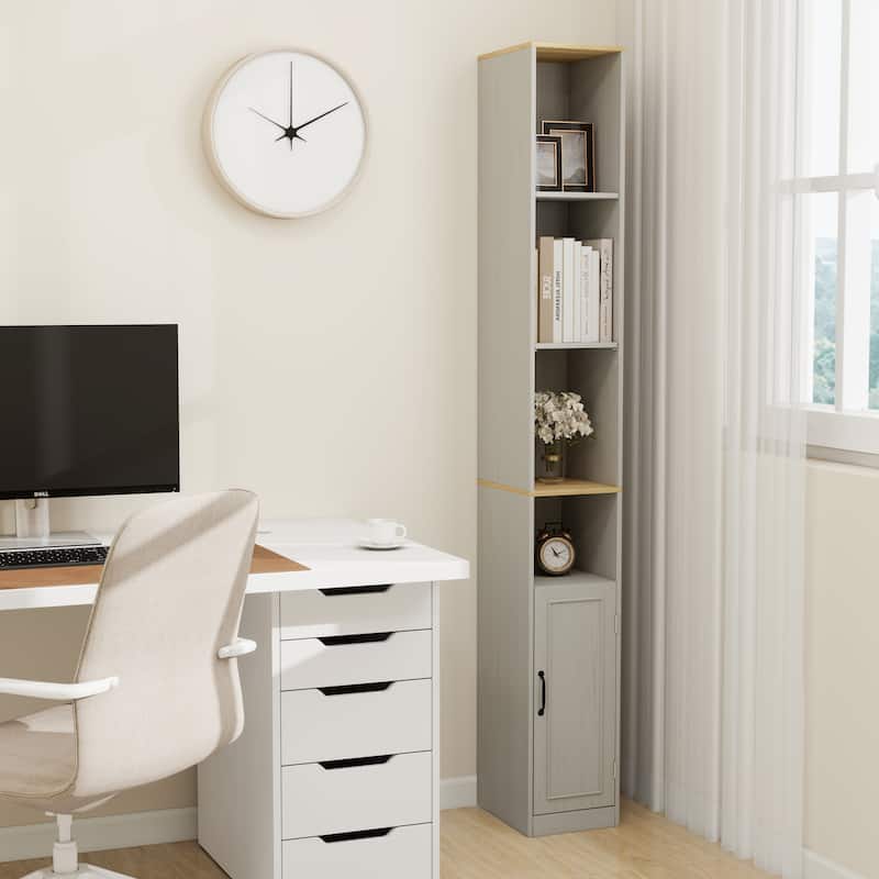 72"Tall Slim Storage Cabinet, 6-Tier Narrow Freestanding Cabinet with 1 Door and 2 Adjustable Shelves, Bookcase Display Shelves