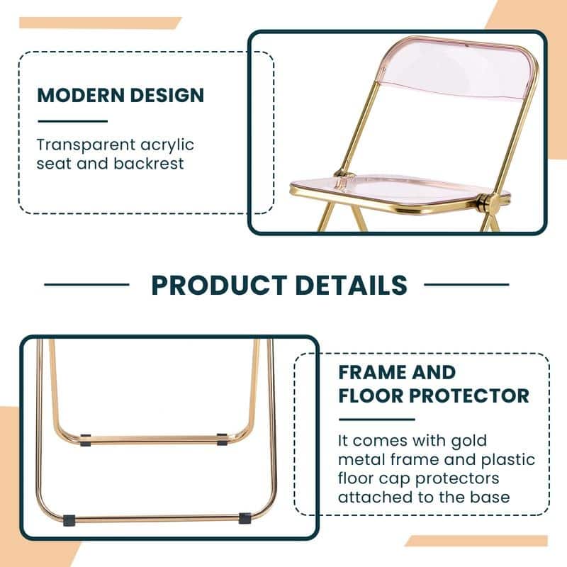 Lawrence Modern Foldable Transparent Acrylic Gold Chrome Folding Chair for Multipurpose Spaces Set of 2 - 30"