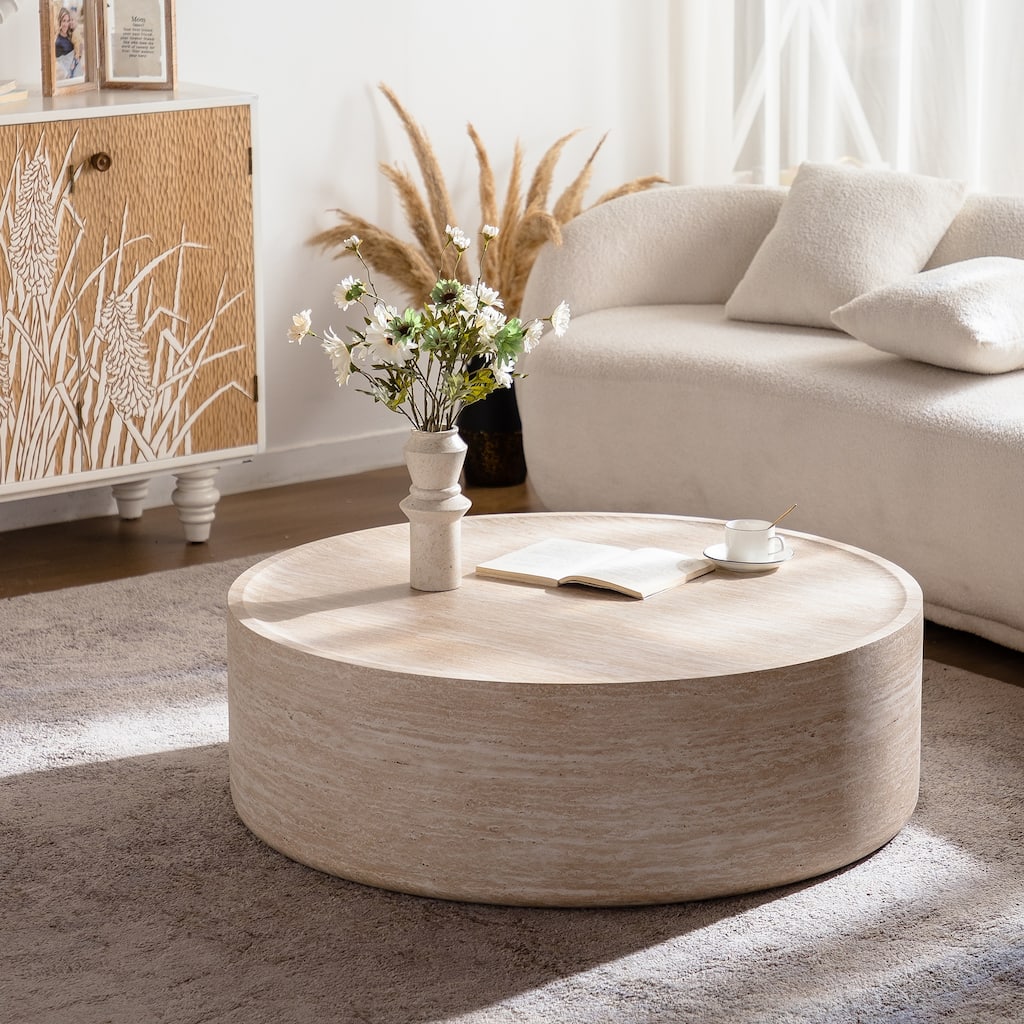 39.37" Round Coffee Table with Mars Pattern, Modern Drum Circle Design for Living Room, Stylish Accent Table