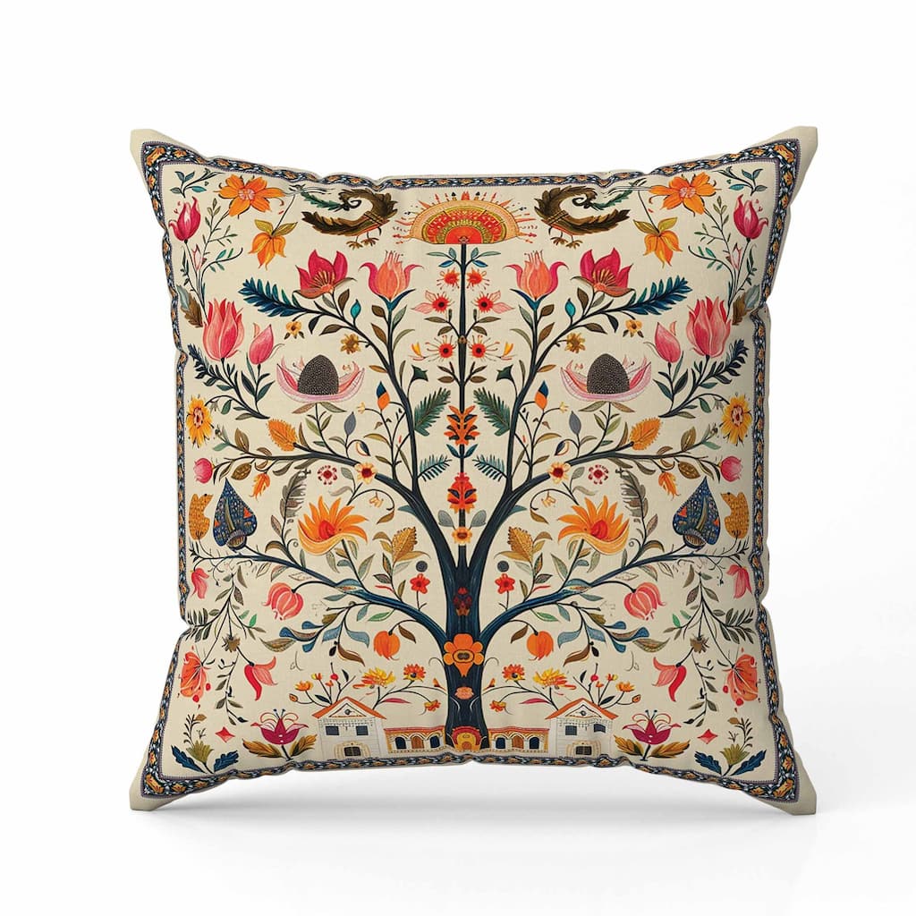 Indian Folk Art Tree Faux Suede Reversible Throw Pillow Beige and Orange