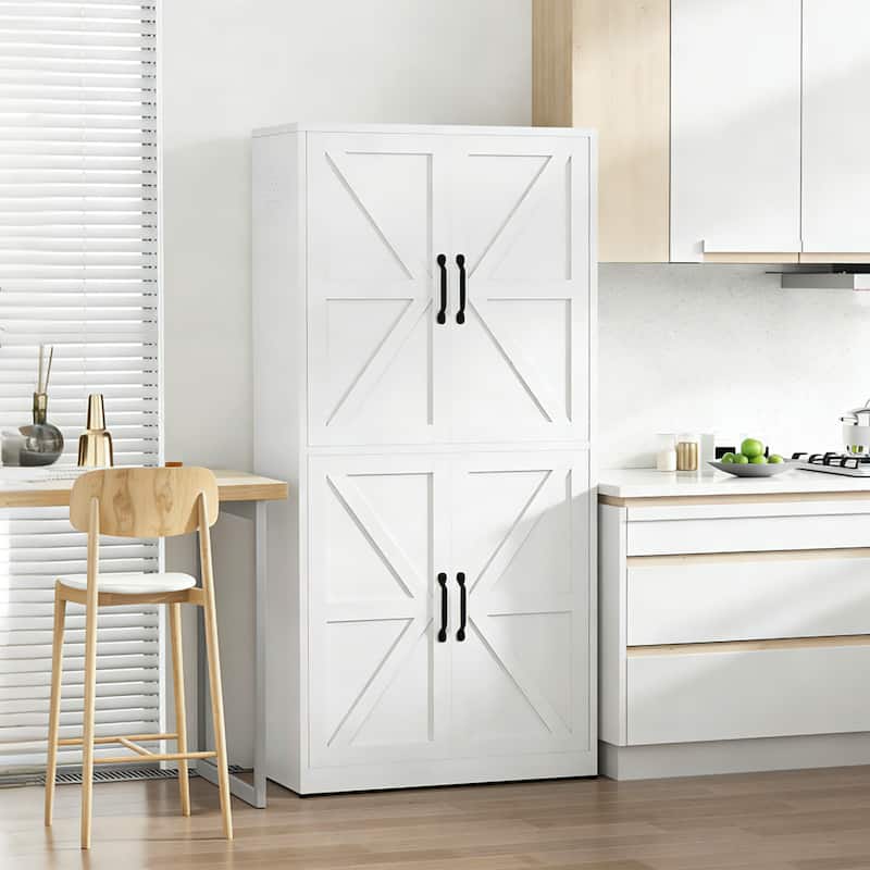White Steel Kitchen Pantry Storage Cabinet with Adjustable shelves, heavy-duty country cabinet for kitchens, bathrooms
